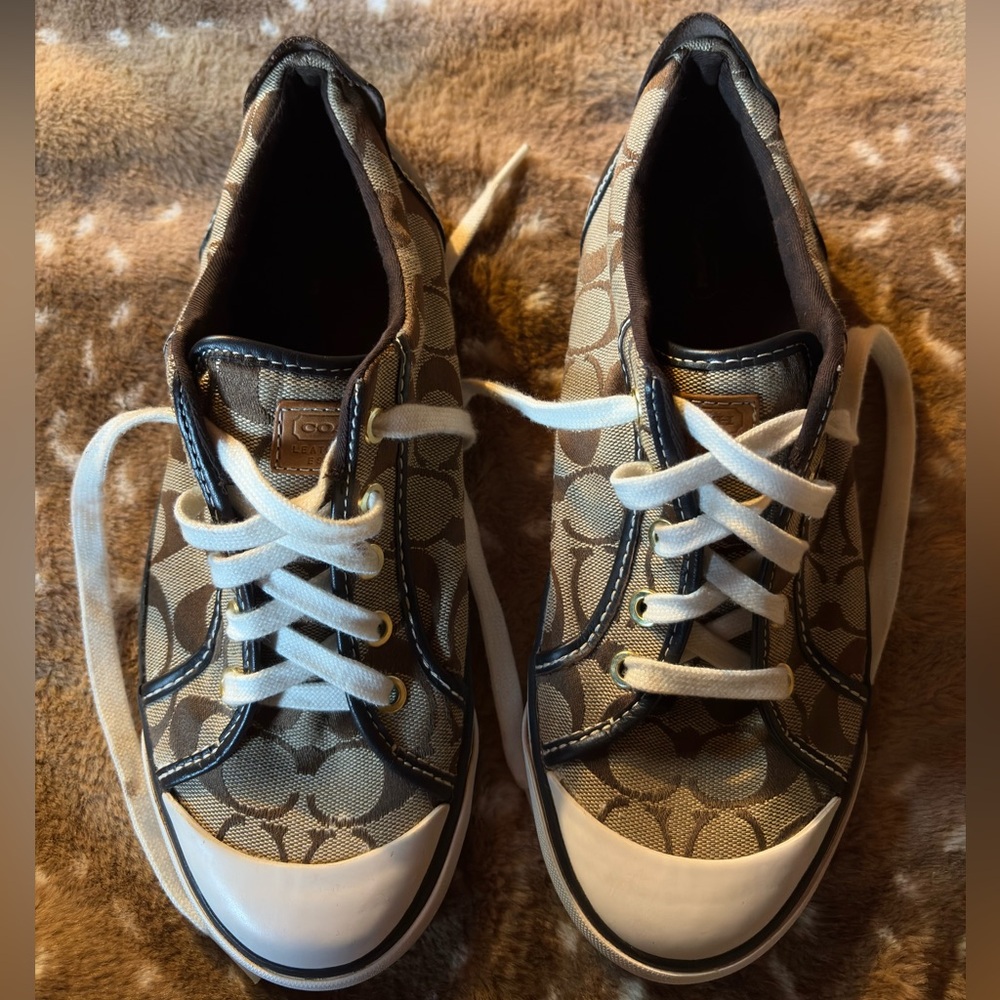 Coach Women's Tan and Black Canvas Sneakers